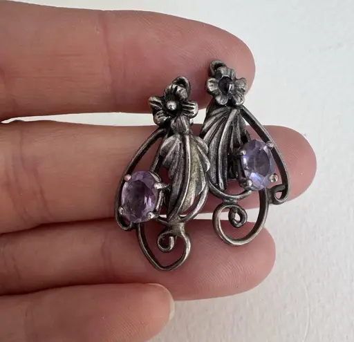 Vintage Sterling Silver Amethyst Orchid Feather Southwestern Drop Earrings Estat