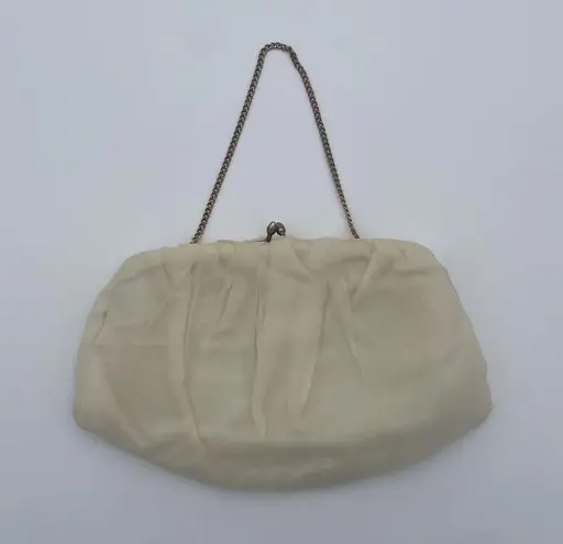 Vintage Cream Chiffon Fabric USA Clutch Evening Bag Gold Hardware Purse Orange