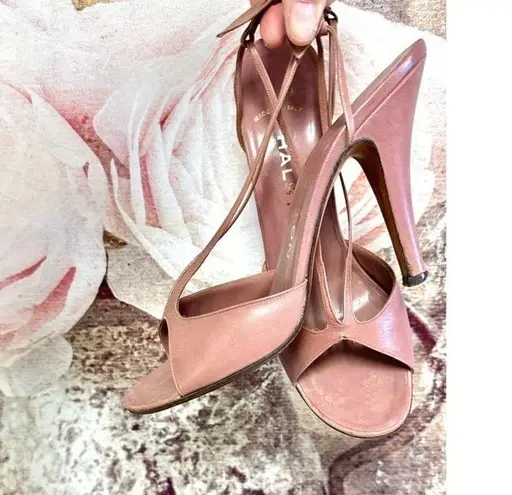 80s VTG Halston Leather Pink Strappy Slingback Pumps Heels Back Bow Italy 9N Size 9
