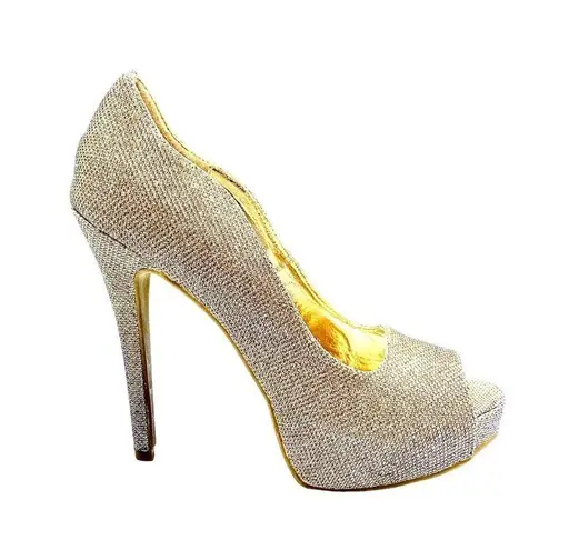 Shi by Journeys Gold Glitter Peep Toe Stiletto High Heels Size 8.5 Womens Shoes