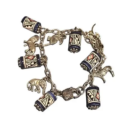 Vtg Hand Painted Beads & Silver Zoo Animal Dangle Charm Bracelet Women Jewelry