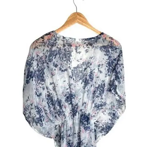 Floral Cover Up One Size Sheer White Blue Purple Knee Length V Neck Lightweight