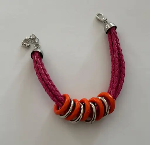 Boho Chic Colorful Bracelet Pink Braided Cords W Orange & Silver Rings