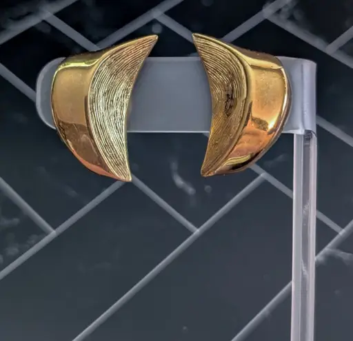 Vintage Clip On Earrings Large Gold Tone Statement Stylish Curved Design