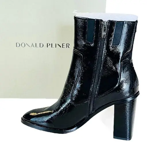 Donald Pliner NEW Leather BOOTIE ANKLE BOOT 9.5 Womens Black Crinkle Patent Shoe