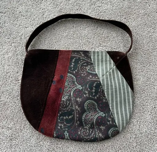 90s Vintage Oversized Hobo Shoulder Pag Purse Patchwork Boho Silk Velvet Large Brown