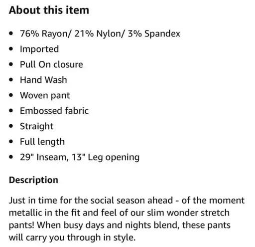 Nic+Zoe NWT Metallic Skinny Pant