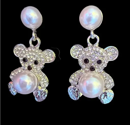 Pearl Teddy Bear Drop Earrings | Cute Sparkly Statement Jewelry I Silver