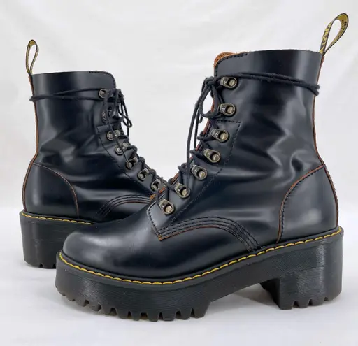 Dr. Martens Leona Black Vintage Smooth Leather Heeled Lace Up Platform Boots 8