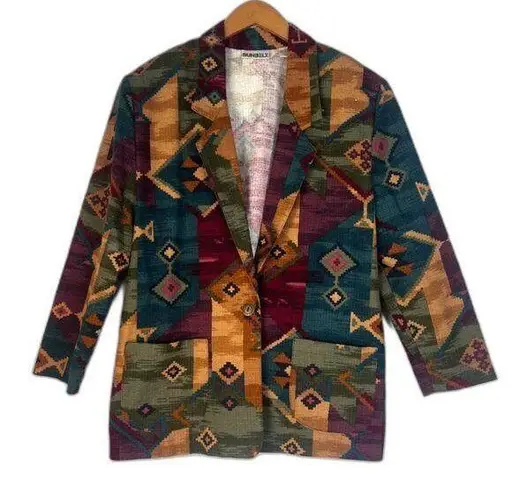 Sunbelt Vintage Colorful Aztec One Button Tunic Lightweight Jacket Blazer Sz M/L Green Size L