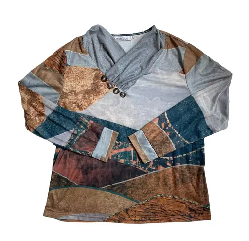 Misook MISSLOOK boho earthy landscape long sleeve top