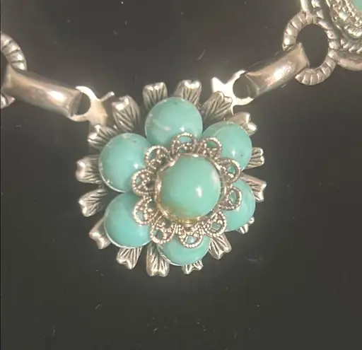 Vintage Faux Turquoise Cabochon Silver Tone Link Southwestern Choker Necklace Blue