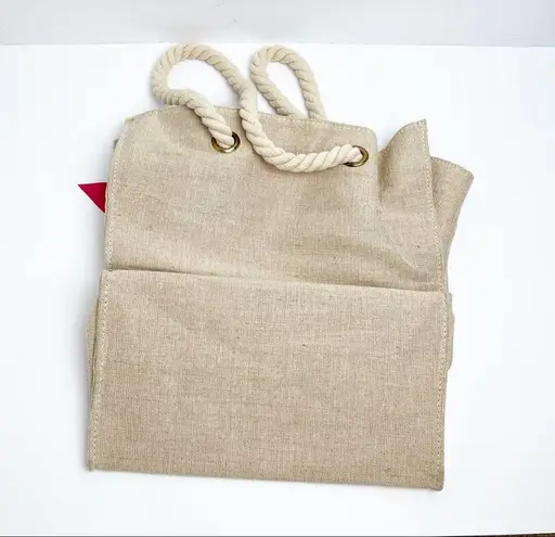 BIKINI BABE Khaki Pink Bow Accents Rope Straps Lined Beach Canvas Tote