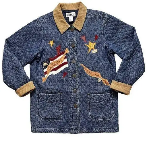 Haik’s Vintage Denim Barncoat Quilted Jacket Coat Embroidered Patches S Small Blue