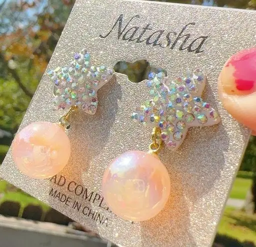 Natasha White Sea star pink pearl drops earrings rainbow reflection light weight