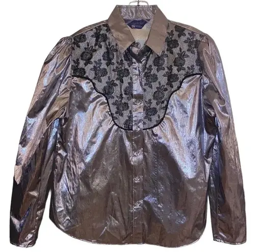 VTG Lame metallic western Glam silver black embroidered cowgirl button shirt Size L
