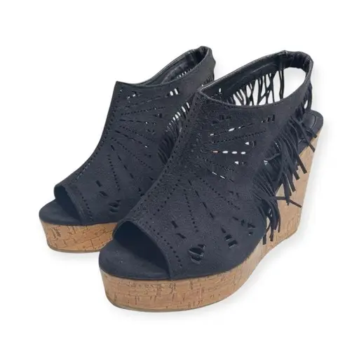 Olivia Miller š Fringe Peep Toe Cutout Cork Wedge Sandals š Black Microsuede š