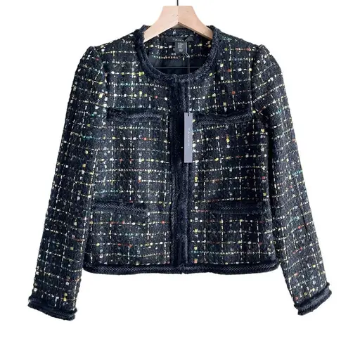 Tahari NWT Metallic Thread Tweed Fringe-Trim Blazer Jacket in Black, XS
