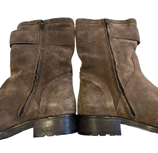 Garnet Hill Taupe Suede Buckle Accent Mid Calf Moto Boot, Sz 6.5