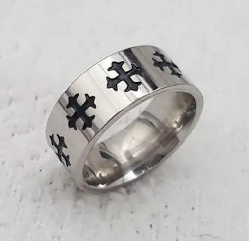 Silver Black Enamel Cross Band Ring Size