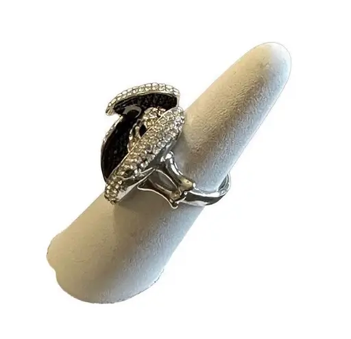 Brand New!! Size 7 Black and clear rhinestone encrusted skull and bat wing ring Silver