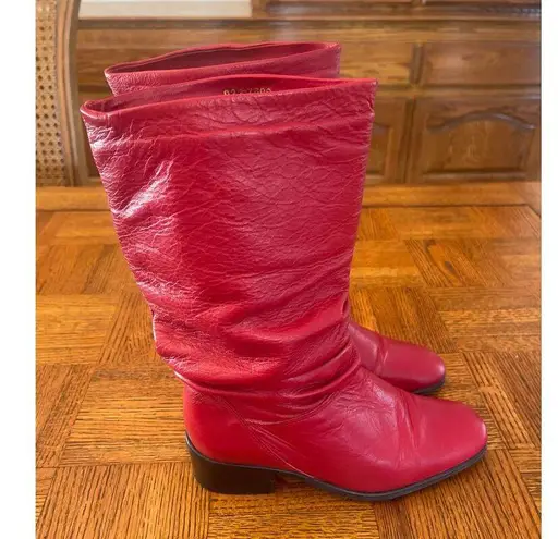 Hunt Club 90s Vintage Red Leather Mid Calf Slouchy Boots • 6 • • Chunky Heeled