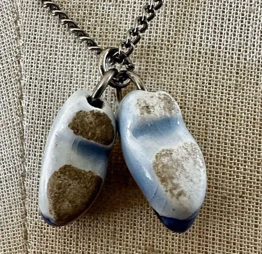 Blue and white white Dutch Windmill Painted on Ceramic Delft Shoes on chain