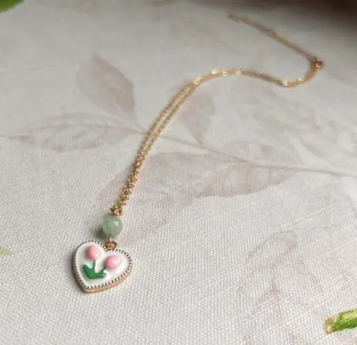 Cute Flower Necklace, Mint Pearl Pink Tulip, Heart Charm, Dainty, Coquette Fun Green