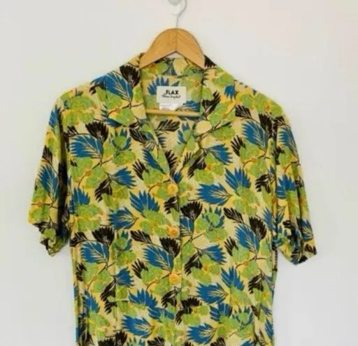 Flax Green Tropical Palm Print Full Length Dress Button Up Pockets Collar Rayon