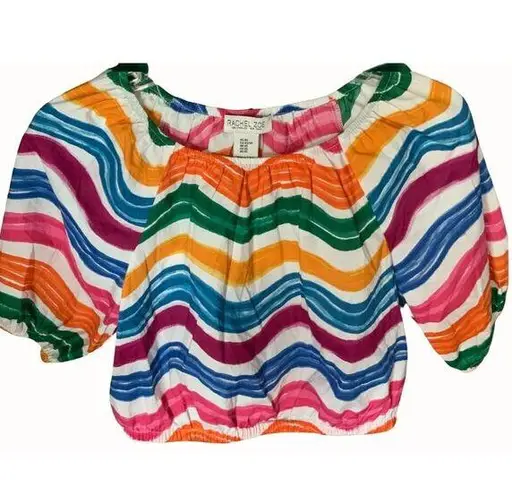 Rachel Zoe  Crop Top Balloon Sleeve Multicolor Striped Off the Shoulder Womens XS