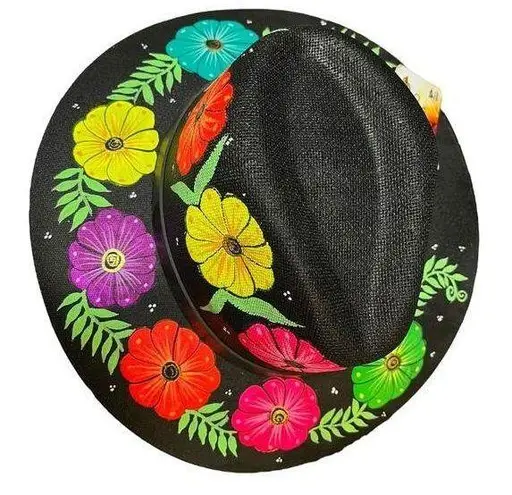 HAT MEXICAN Artisanal Hand Painted Fedora Floral Sombrero Panama Bohemian Black