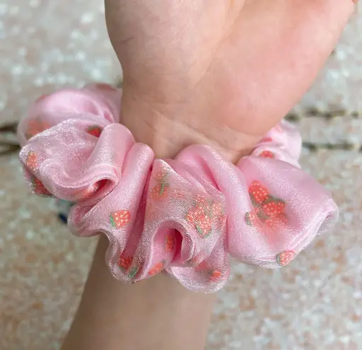 Pink Strawberry Filled Scrunchie Shaker Scrunchie Organza Satin Scrunchie