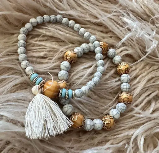 Beaded Cream Gold Pale Blur Beaded Bracelet Duo