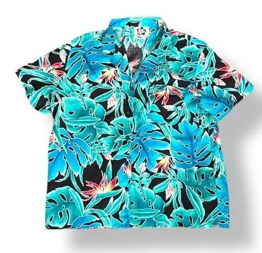 Vintage 90s Hilo Hattie Hawaiian Shirt Black Teal Monstera Floral Pattern Large