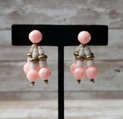 Vintage Screw On Earrings Pink & White Dangle Unusual Statement