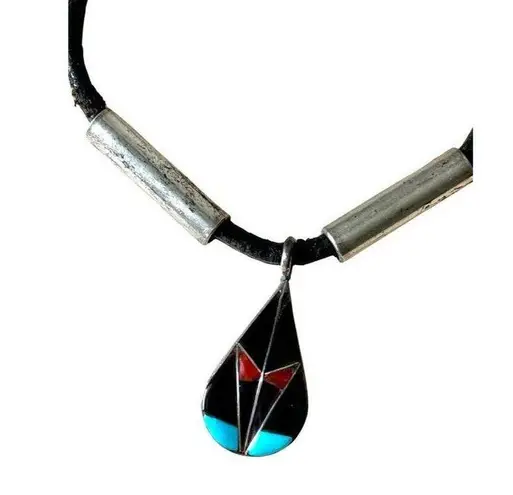 None Sterling Onyx Turquoise Coral Native American Bracelet, Vintage Zuni Signed