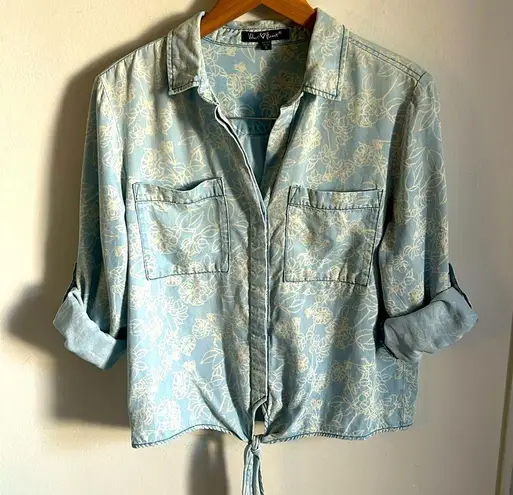 Velvet Heart Chambray Floral Print Button Down Tie Front Roll Cuff Shirt