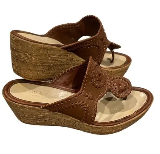 MILA PAOLI LEATHER WEDGE PLATFORM WHIPSTITCH NAVAJO TAN SANDAL SHOES 7.5