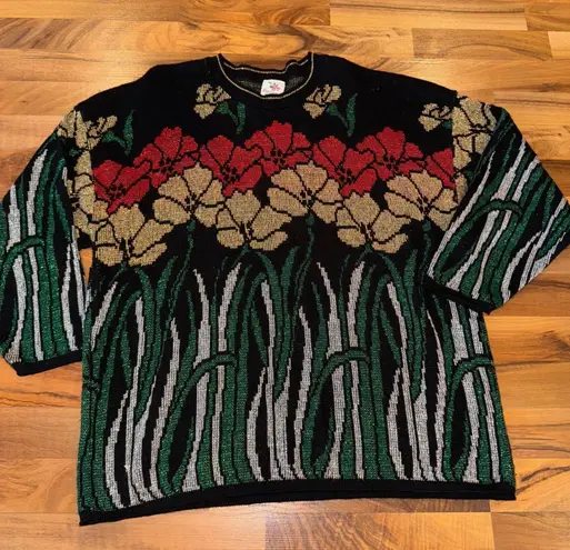 Nutcracker Vintage Floral Sweater Metallic Gold Black Red Green Plus 1X, holiday