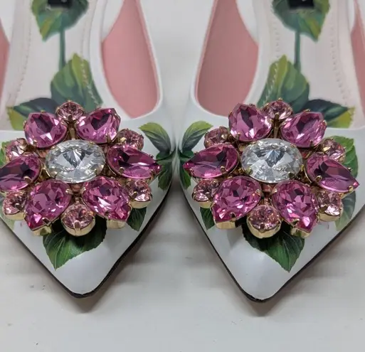 Dolce & Gabbana Jeweled Bellucci Floral Print Slingback Heels White and Pink 35