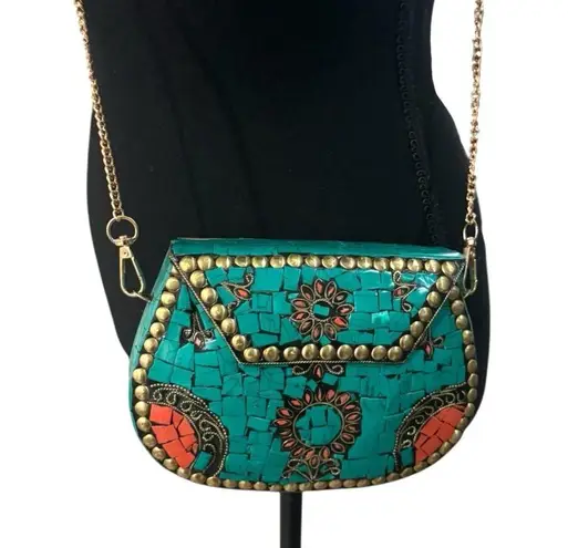 Ramla Handmade Moroccan Turquoise Tile Mosaic Clutch Crossbody with Gold Chain Blue