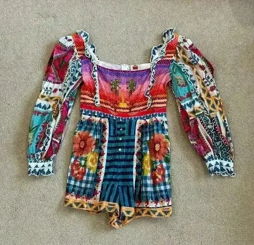 Farm Rio Summer Vibe Romper Ruffled Embroidered Square Neck Patchwork Size M
