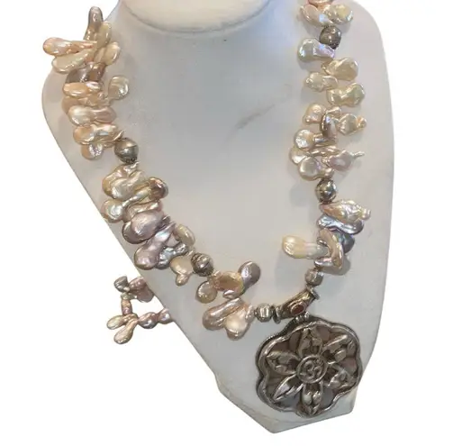 Keshi pearl & sacred OM mandala w/ unique charms along the string of pearls