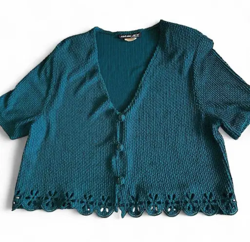 Vintage 90s Sharade Teal Cropped Cardigan