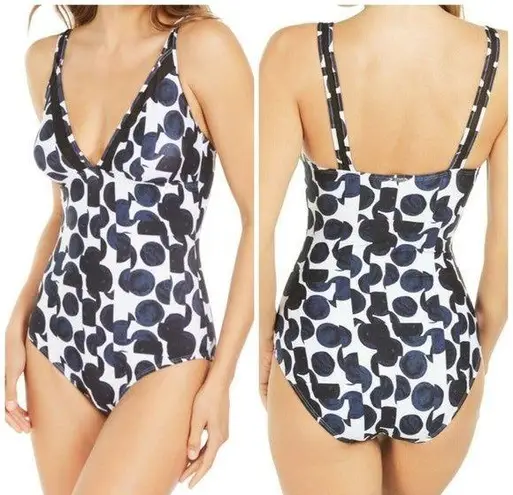 DKNY  NAVY MULTI DOT Mesh-Trim One-Piece Swimsuit