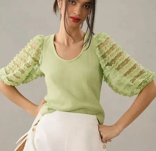Dolan Anthropologie Puff Sleeve Top Sage Green Ribbed Knit LG