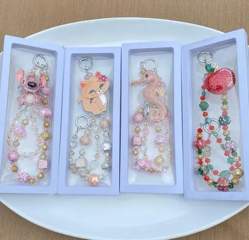 Handmade 🩷🩶💙 Luxury Bag/Phone Chain Charm/Keychain COLORFUL FLOWER BOUQUET Bling Crystals