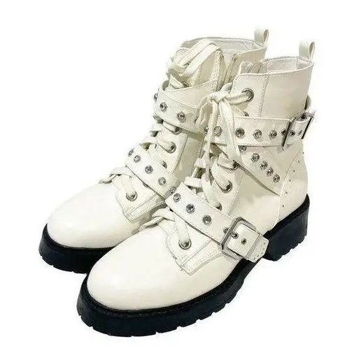 XOXO  BOOTS WOMENS 8.5 WHITE SILVER GREGOR MOTO ANKLE LUG SOLE STUDDED BOOT