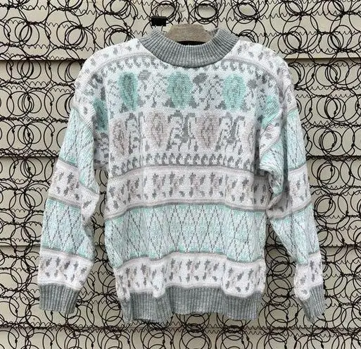 Vintage 80s Jonathan Cass pastel pink gray white blue fair isle floral sweater Size M