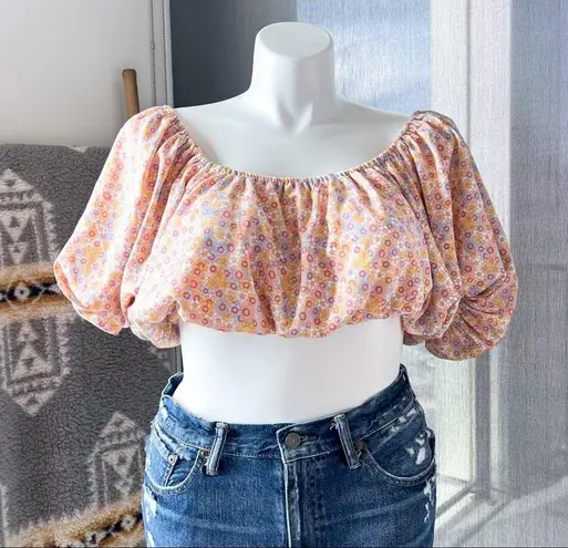 ZARA  Printed Satin Effect Puff-Sleeve Off-The-Shoulder Crop Top Women’s Medium